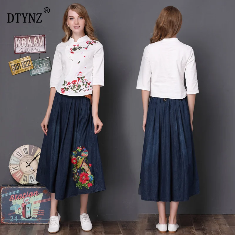 

DTYNZ Autumn women's plus size embroidery Elastic Waist Denim skirt Longuette Vintage button high waist Pleated skirt S--6XL
