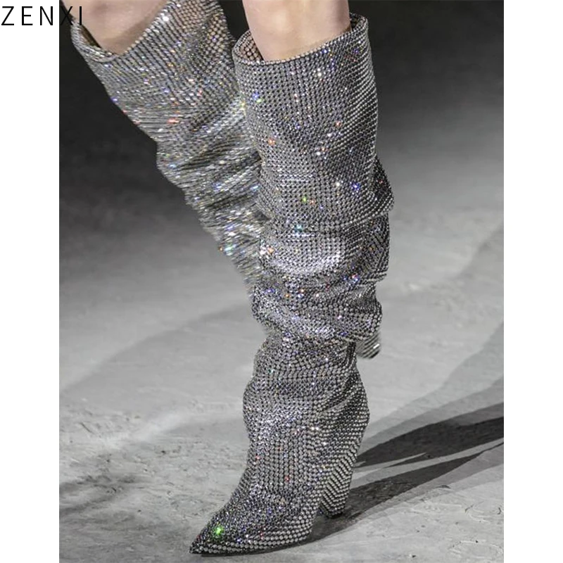 

Knee-High Women Fashion Pointed Toe Bling Bling Over Knee Rhinestone Boots Crystal Long High Heel Boots Luxury Thin Heel Boots