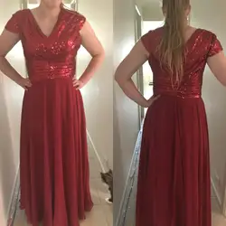 Бордовый шифоновое платье для подружки невесты с v-образным вырезом короткий рукав линия блестками Длинные свадебные Гость платье 2019