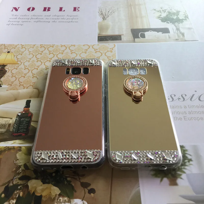 Для Samsung Galaxy S8 плюс Роскошный Алмаз Мягкие резиновые Кристалл Rhinestone Блеск Зеркало Дело держатель для Galaxy S6 S7 край