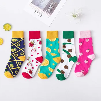 

Fashion Quality Jacquard Colorful Pineapple Lemon Pitaya Heart Peach Patterned Socks Candy Color Cute Cartoon Fruit Women Socks