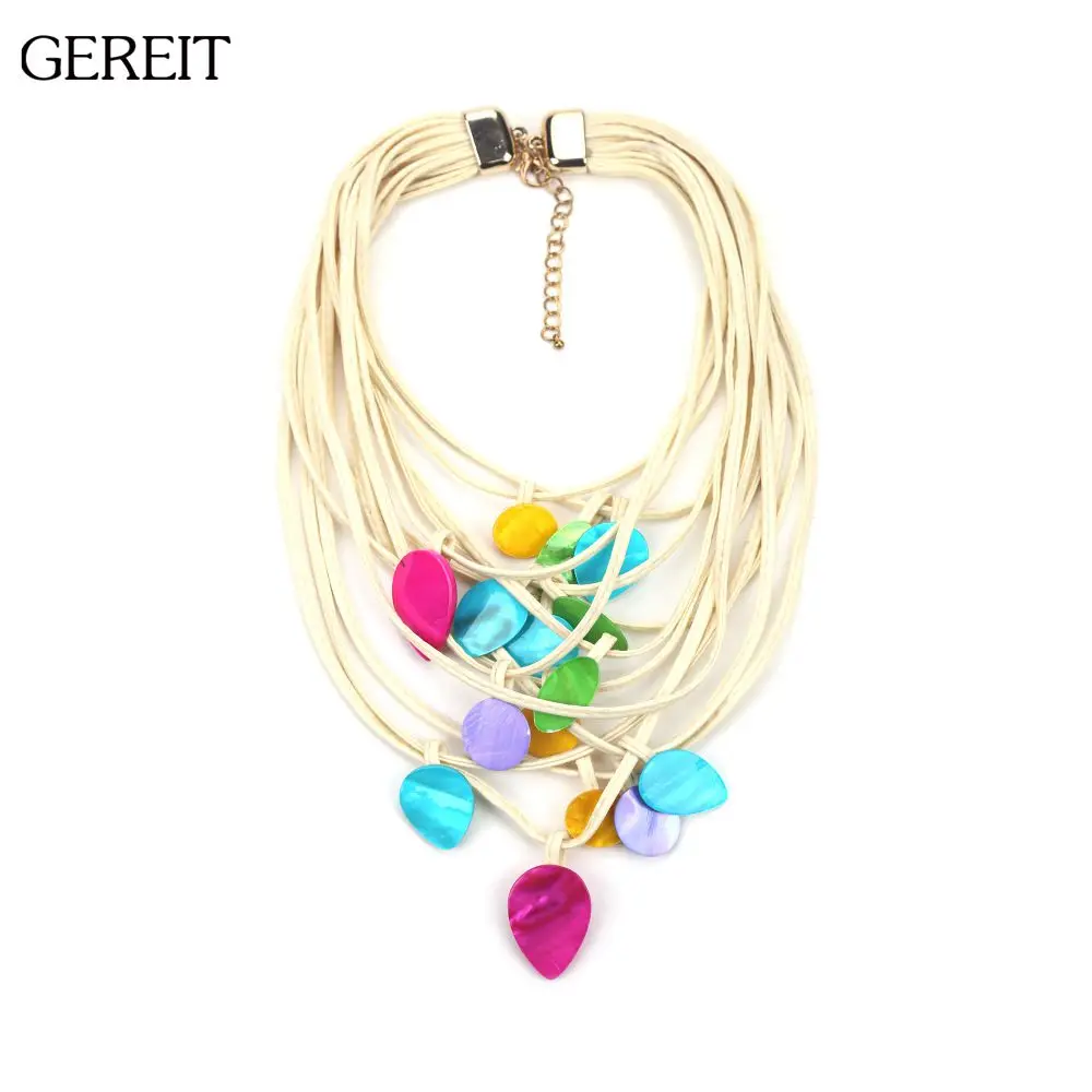 Boho Multi Layer Pu Leather Rope Chain Necklace Geometric Resin Stone