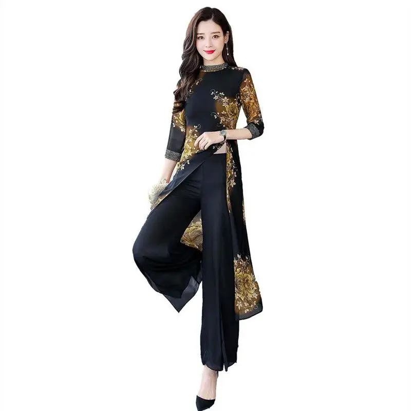 

2019 New Summer Women OL 2 Piece Set Female Floral Print Tops And Wide Leg Pant Suit Ladies Plus Size 3XL Slim Chiffon Sets F25