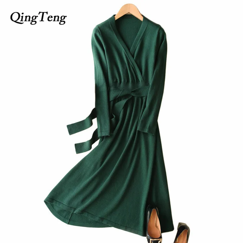 

QingTeng Women's Dresses Spring Autumn Casual Knitwear Knitted Tunic Long Sleeve V-neck A-line Vestido Women Black With Belt
