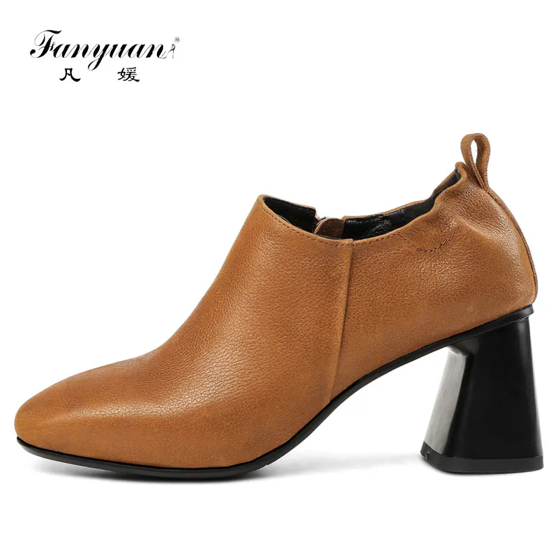 

Fanyuan 2018 Spring Autumn Brand Genuine Leather Pumps Zip Pleated Square Toe Shoes Woman Leather Insole High Heels Plus 33-43