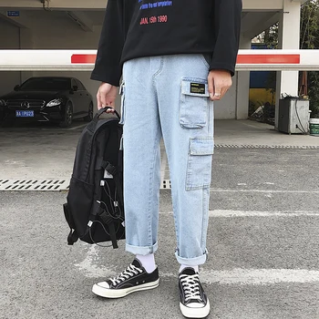 

Spring Fashion Korean version of the Tooling Style Jeans Multi-pocket Trend Wide Leg Pants Loose Casual Jeans Size S-3XL