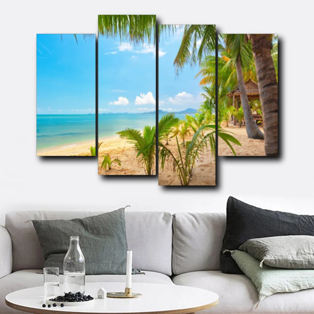 

Laeacco 4 Panel Sea Tropical Palm Tree Posters Prints Wall Art Canvas Calligraphy Painting Nordic Home Living Room Decoration