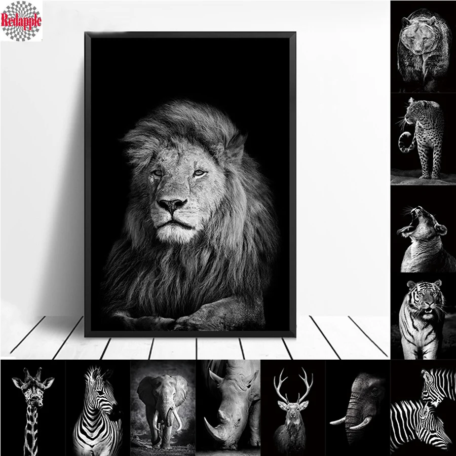 

Black White Elephant lion Deer Tiger Leopard, rhinoceros, zebra 5D Diamond Embroidery painting full round drill diy mosaic decor