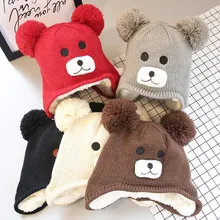 Милая шапка для маленьких девочек и мальчиков, хлопковая вязаная теплая плюшевая шапка с защитными ушками для младенцев, осенне-зимние шапки, аксессуары для малышей