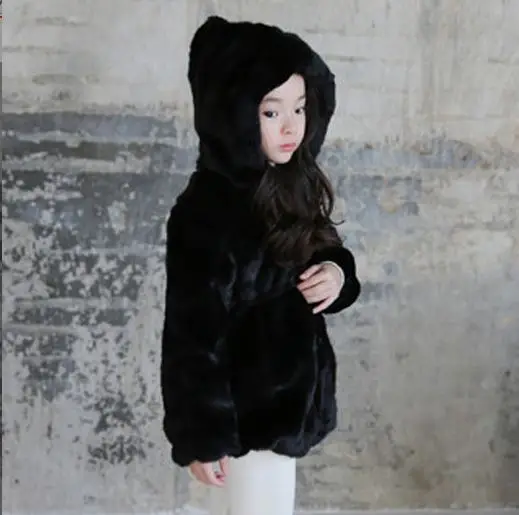 Меховое пальто из искусственного меха для девочек зимняя теплая меховая куртка с капюшоном детское длинное пальто с имитацией белого кроличьего меха, мягкая верхняя одежда для детей, F2