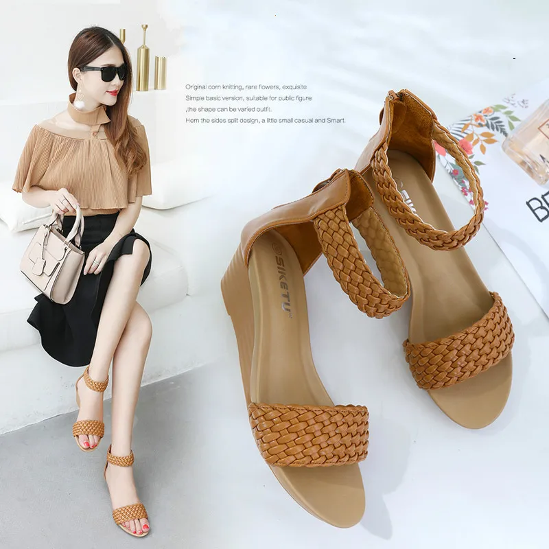 

2019 Summer Wedge Med Heels Sandals Shoes Woman Weaving Bohemian Ankle Strap Sexy Sandals Slippers Solid Plus Size Rome Shoes 42