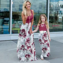 Anne Ve Ben Kızı Eşleşen Elbise Aile Kıyafetler Kolsuz Patchwork Uzun Elbiseler Anne Kızı Vestito Görünüm Anne Çiçek Elbise