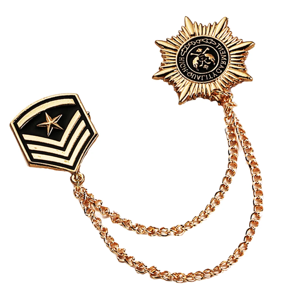 Vintage Retro Gold Tassel Chain Brooch Pins Anise Star Shield Army Medal Ornaments for collars hats handbags clothes suits
