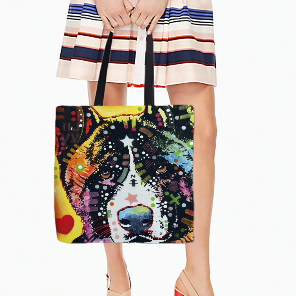 White Canvas Tote Bags Colorful Dogs Portrait Printed Cute Handlebag