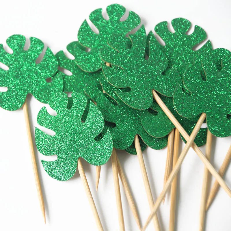 Tropical Party Cake Toppers Green Leaf Cupcake Jungle Birthday Party Decoration