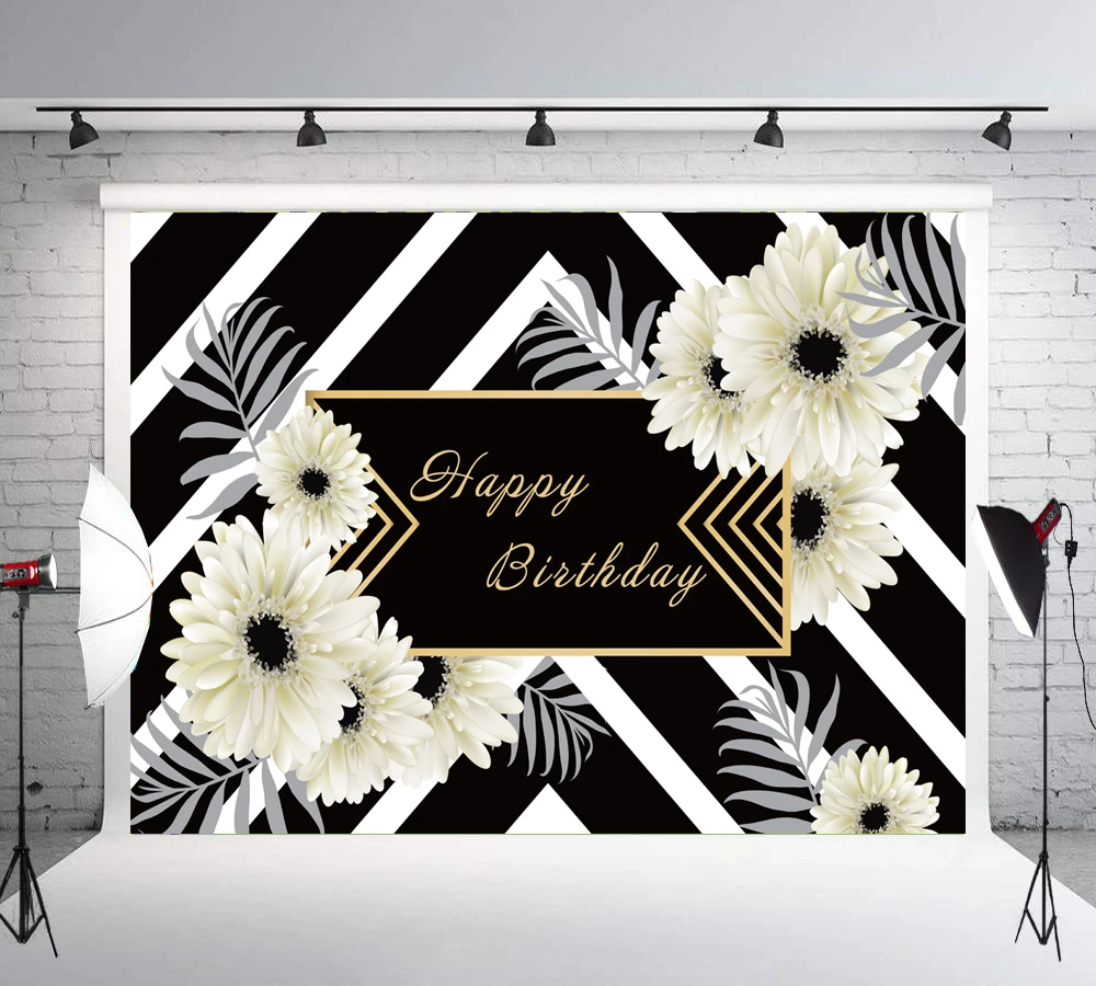 Telón de fondo de rayas blancas y negras con flores blancas, decoración de  fiesta de cumpleaños, accesorios de fotografía, LW 1078 de baby  shower|Fondo| - AliExpress