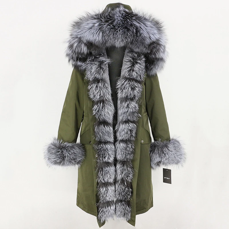 Женское пальто на меху с капюшоном OFTBUY, черная непромокаемая парка со съемным натуральным лисьим мехом на капюшоне, зима - Цвет: green silver