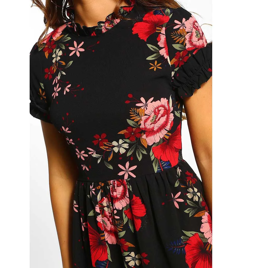 Robe de plage для женщин летнее платье повседневное с цветочным принтом, короткий рукавом Вечерние пляжное платье сарафан Одежда пляжное