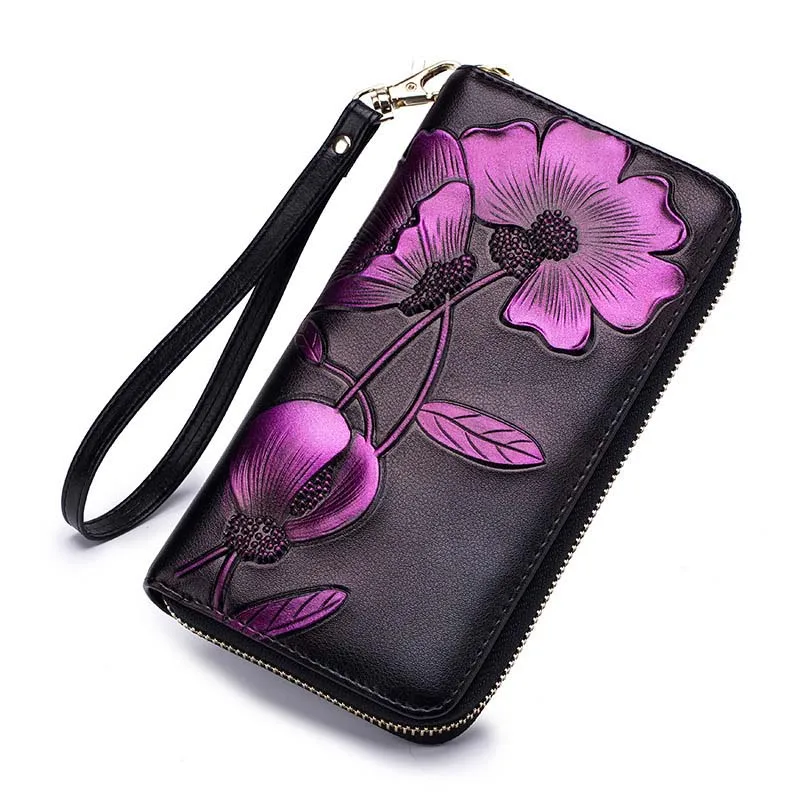 Длинный женский кошелек, кожаный, Rfid, блокирующий кошелек, Ретро стиль, с рисунком баухинии, на молнии, держатель для карт, клатч, сумочка, кошелек для женщин - Цвет: Purple
