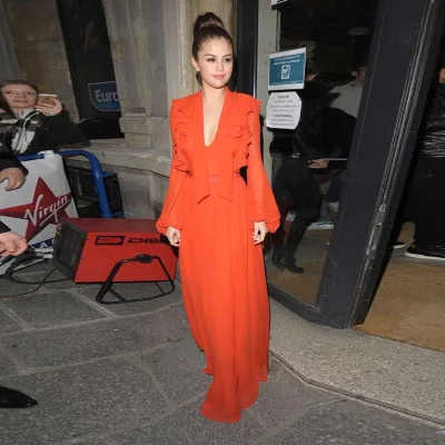 

Runway Designer HIGH QUALITY Women Dresses 2017 Autumn V-neck Lantern Sleeve Bohemian Orange Long Dress Chiffon