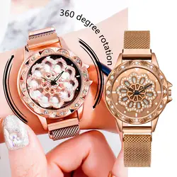 Женский вращающийся на 360 градусов Модный циферблат из розового золота с бриллиантами для работы Женские кварцевые наручные часы с