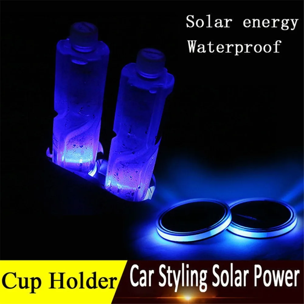 

1pair/2pcs Solar Energy Cup Mat Coaster Waterproof Anti-slip Mug Pad Holder Interior Decoration Atmosphere LED Light for Cars