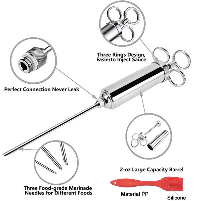 Набор инжекторов для мяса, 2-унций из нержавеющей стали, шприц для инжектора мяса с иглами, чистящая щетка и сменные уплотнительные кольца