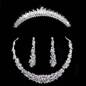 

Silver Plated Crystal Bridal Jewelry Sets Tiara Crown Earrings Necklace Set Women Rhinestone Pageant Jewelry Set Hair Ornaments