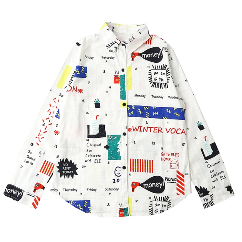 

Autumn High Quality Fashion Women Long-sleeved Blouse Letters Print Graffiti Harajuku Playful Shirts Top Female Perppy Cotton