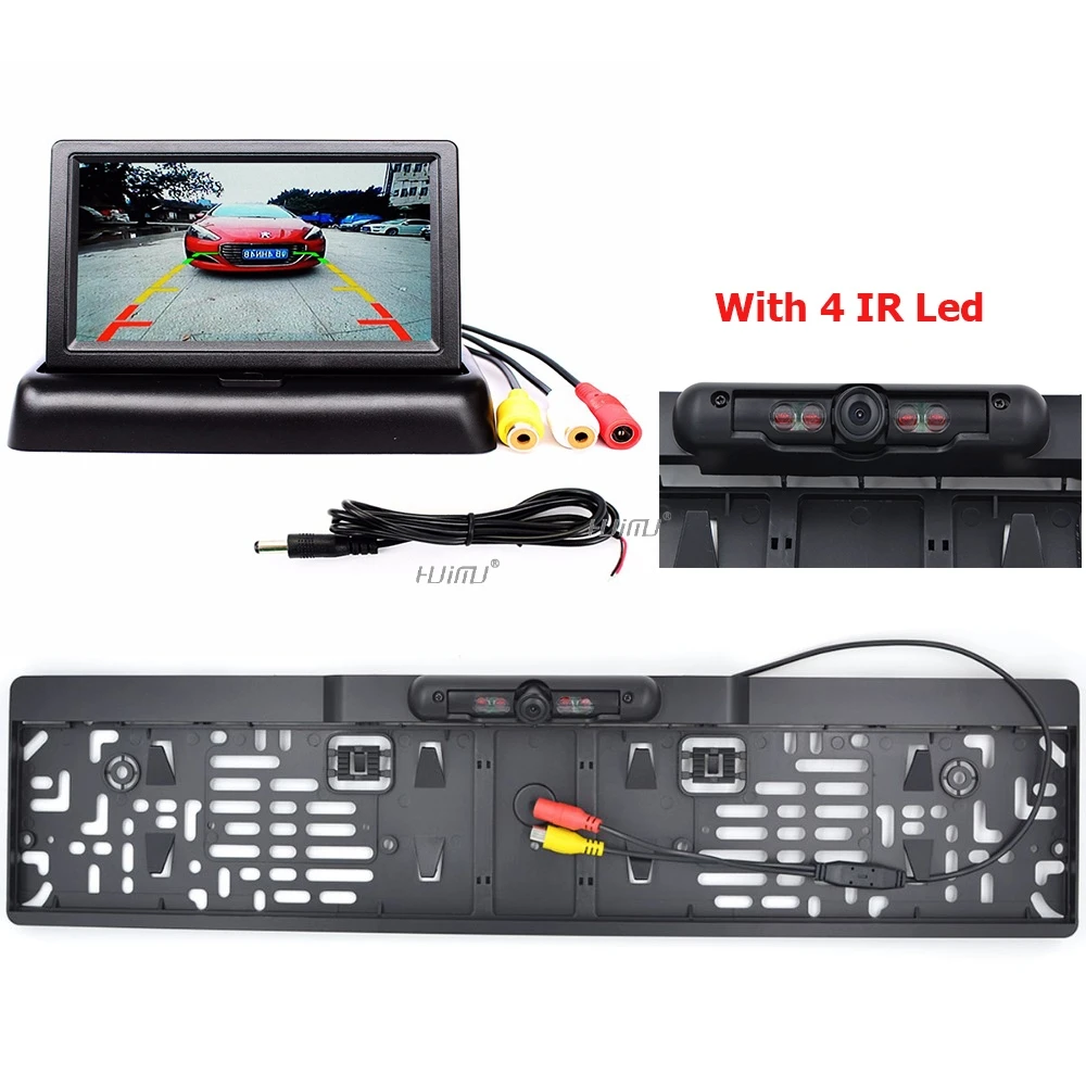 4,3 дюймов складной автомобильный ЖК-монитор экран задний вид автомобиля резервная камера ЕС номерной знак рамка с 4 ИК светодиодами ночное видение - Название цвета: Camera and Monitor