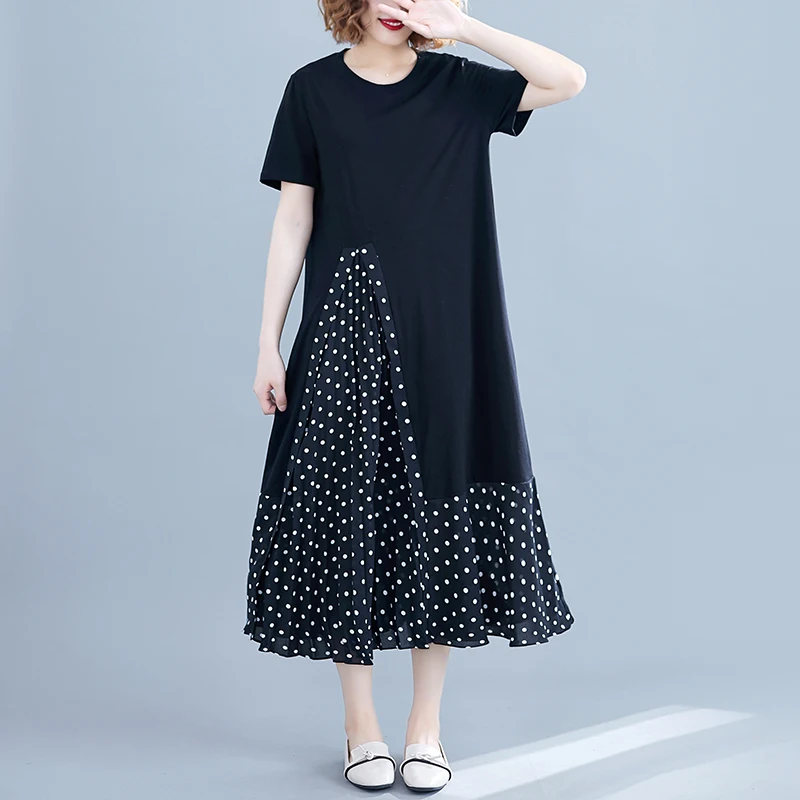 

A-Line patchwork long maxi dress plus size polka dot casual women dress large size loose t-shirt dress big size summer dress