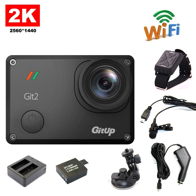  Free shipping!! Gitup Git2 WiFi 2K Sport Action Cam+Extra 1pcs Battery+Battery Charger+Car holder+Car Charger+Mic+Remote Control 