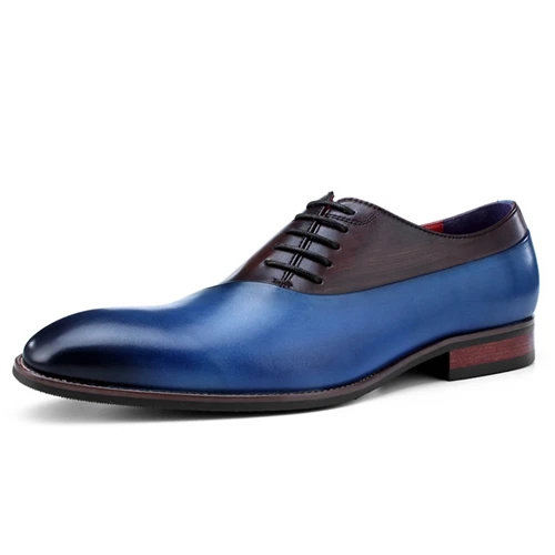 Разноцветные мужские свадебные модельные туфли; оксфорды ручной работы из натуральной кожи с круглым носком; Мужские Классические Вечерние туфли на плоской подошве; SS384 - Цвет: Синий