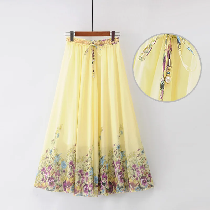 Летние модные женские юбки, универсальные шифоновые юбки с эластичной резинкой на талии, элегантная фатиновая юбка с цветочным принтом, богемная длинная юбка - Цвет: 6