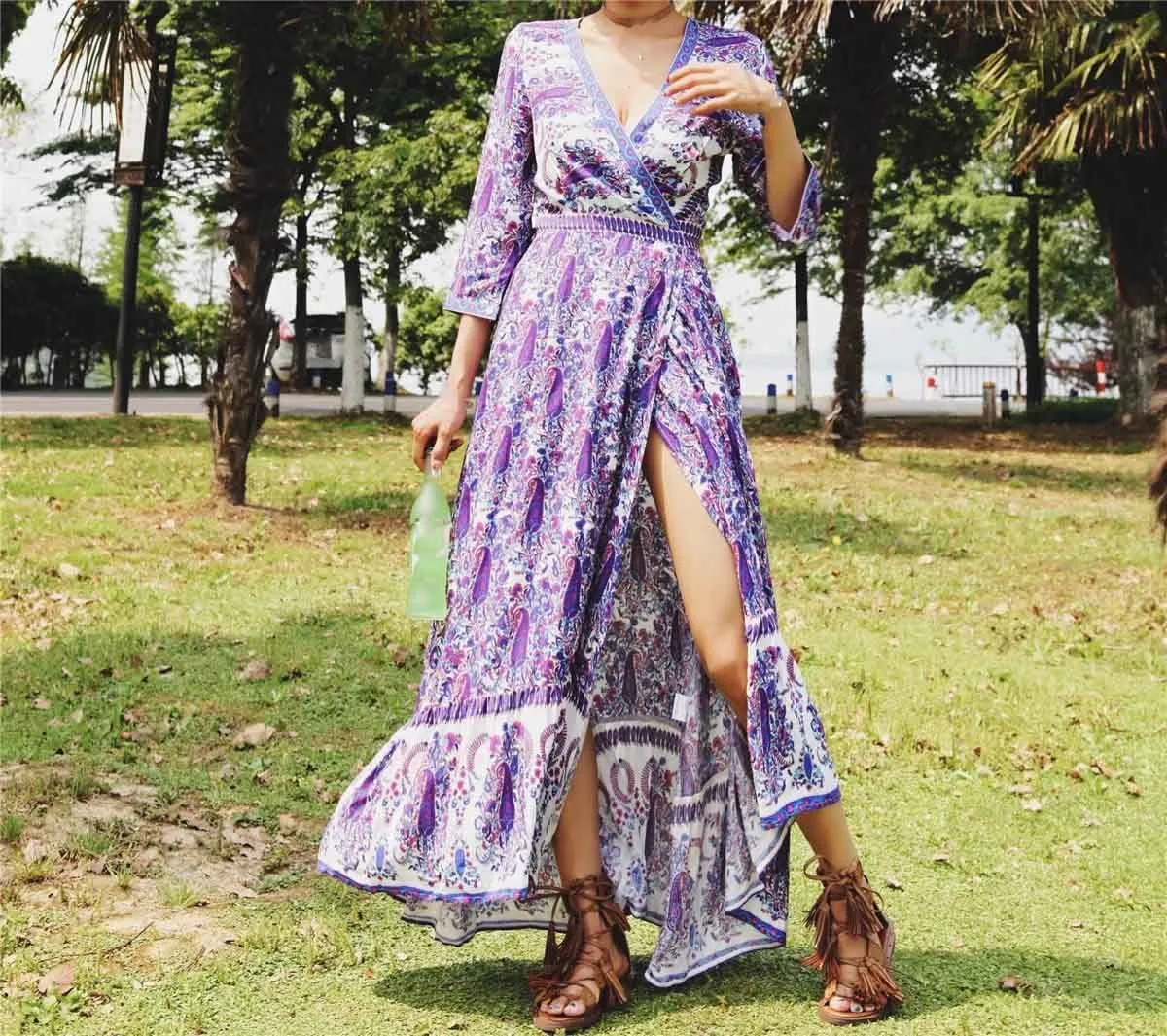 

2019 Summer Boho Vintage Floral Print Dress Bohemian Sashes Wrap Maxi Dress Women V Neck Beach Dresses Femme