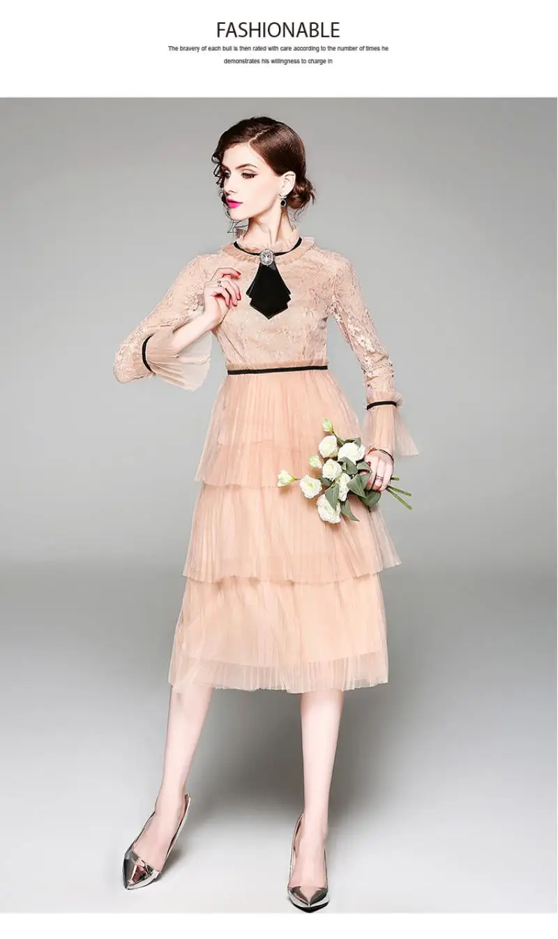 Summer Hollow Pleated Gauze Lace Dress Women Long Sleeve Princess Dress Moda Mujer 2018 Midi Party Dress Strand Jurkjes