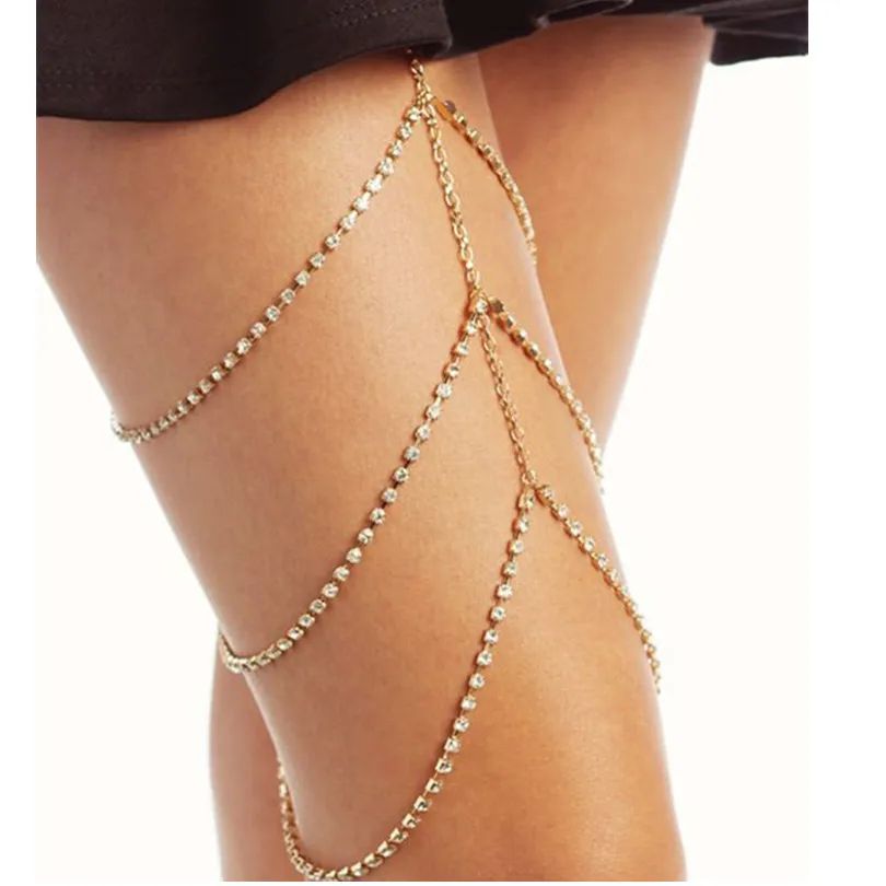 Rhinestones Leg Thigh Chain Shiny Women Sexy Body Chain Leg Thigh Harness Jewelry Beach Multi Layers Gold Color Chains leg thigh chain jewelry