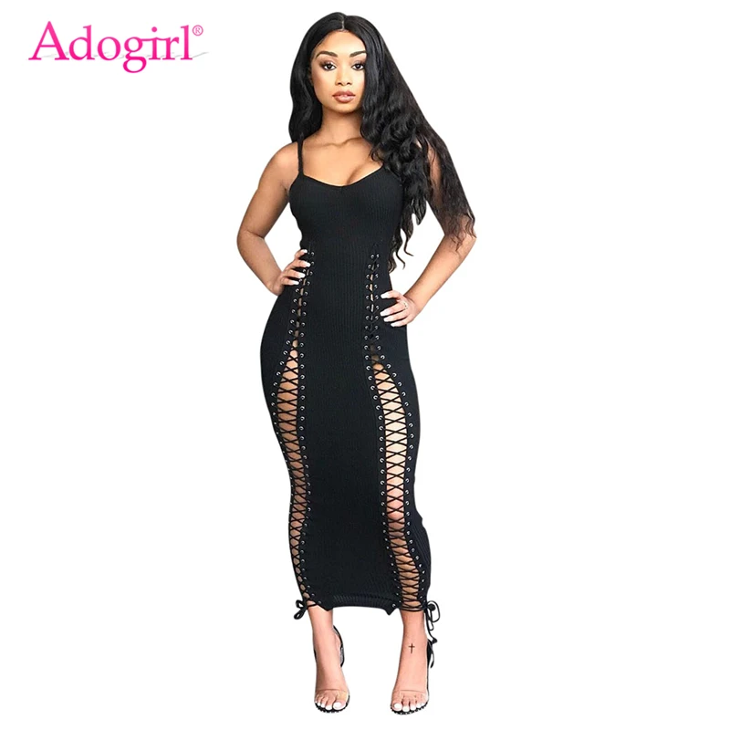 

Adogirl Grommet Lace Up Hammock Dress Women Sexy V Neck Spaghetti Straps Sheath Bodycon Maxi Club Party Dress Long Vestidos