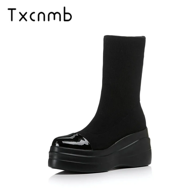 

TXCNMB Brand Women Mid-calf Boots Round Toe Casual Autumn Winter Warm Top Quality Shoes Woman Basic Motorcycle Boots