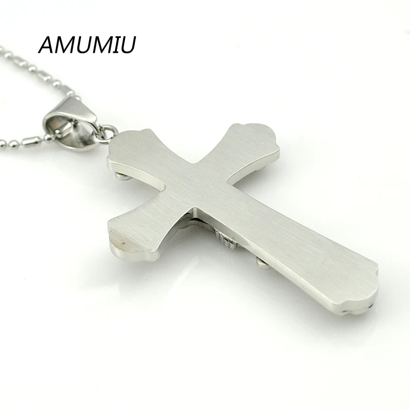 AMUMIU модное серебряное распятие большой крест Иисуса кусок ожерелье высокое качество 316L нержавеющая сталь KP120