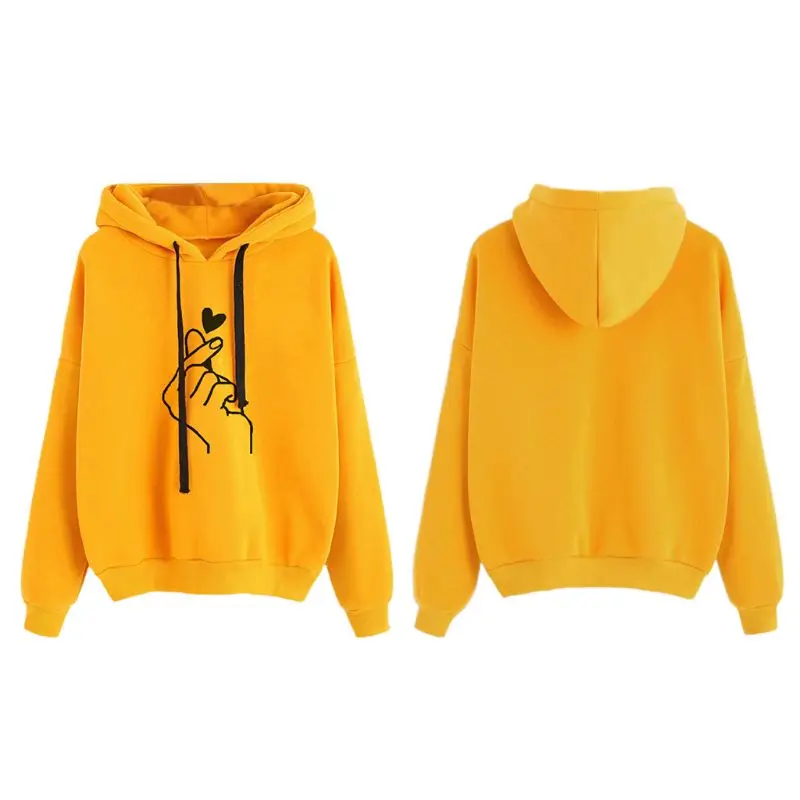 

Womens Girls Long Sleeve Solid Sweatshirt Drawstring Hooded Finger Heart Printed Loose Pullover Tops Rib Trim D25_D