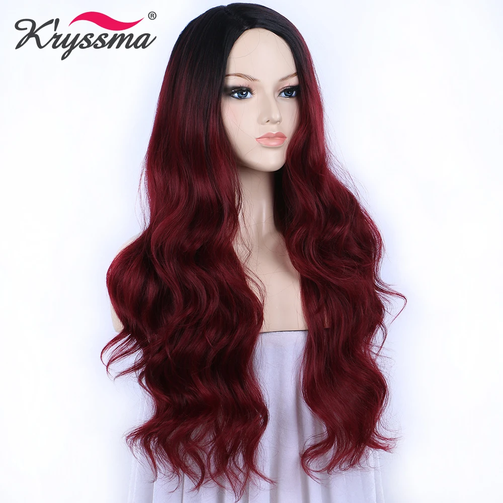 

Burgundy Wigs for Women Long Wavy Synthetic Wig Red Ombre Black Roots to #99j Deep Parting 130% Density Heat Resistant Fiber