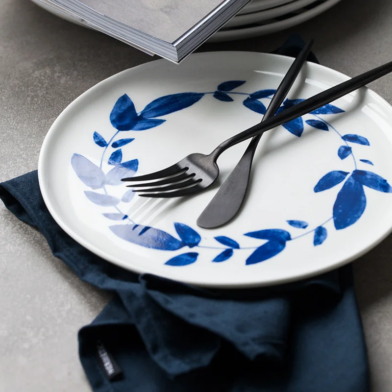 8 дюймов 10 дюймов керамические блюда и тарелки в-глазированные украшения точки линии печатных фарфоровые круглые простой европейский стиль для завтрака