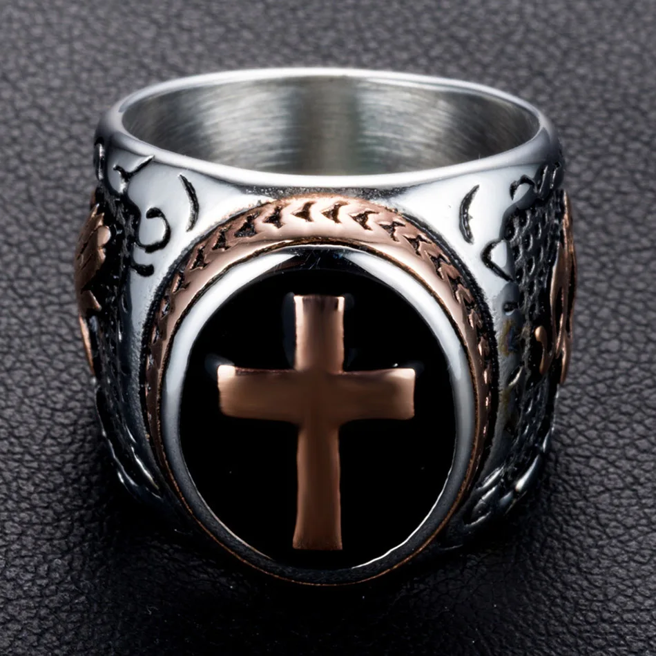 Liumo Vintage Rose Gold Cross 316L Stainless Steel Men Ring Male Ring Lr207