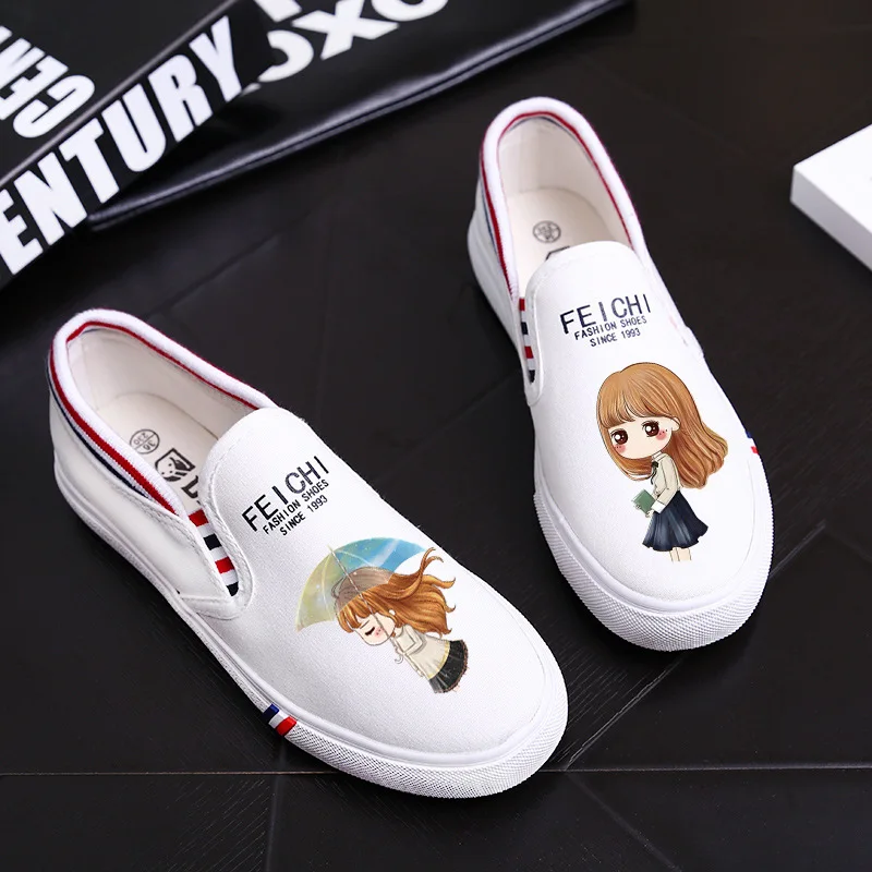 

Cute Shoes Women 2019 kawaii White Shoes Cat Print Platform Slip-On Animal Print Shoes Women Cat Face Shoes Adult