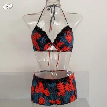 

Women Bikini Set Push-up Padded Swimwear Leaves Print Boxer Shorts High Waist Swimsuit Biquini Summer Beach Swim Wear Halter Top