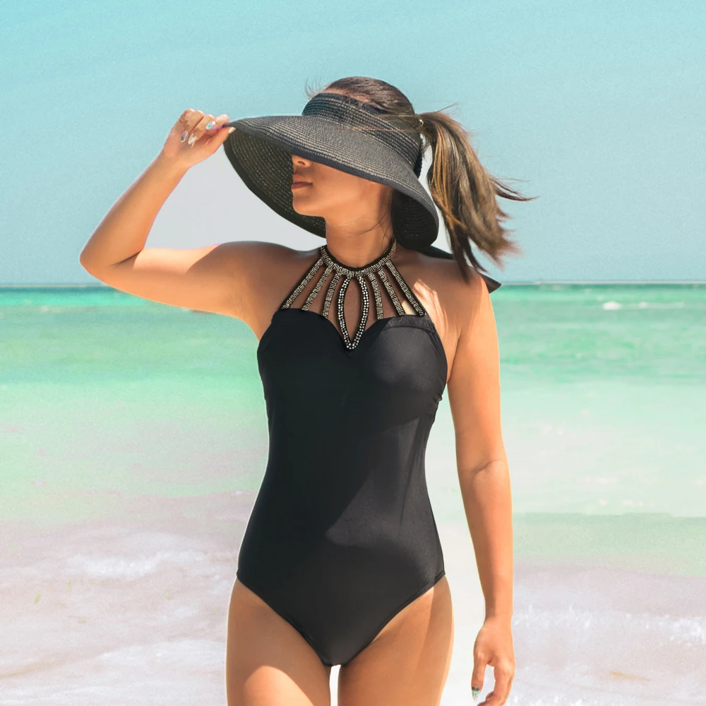 

One Piece Swimsuit 2018 push up Black Sexy Swim Suit Ornamental Neckline Swimwear Women Bandage Bathing Suit Vintage Monokini