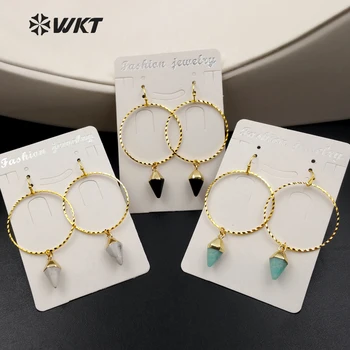 

WT-E381 wholesale natural stone point round dangling earrings,natural stone point charm egg dangle earrings for women jewelry