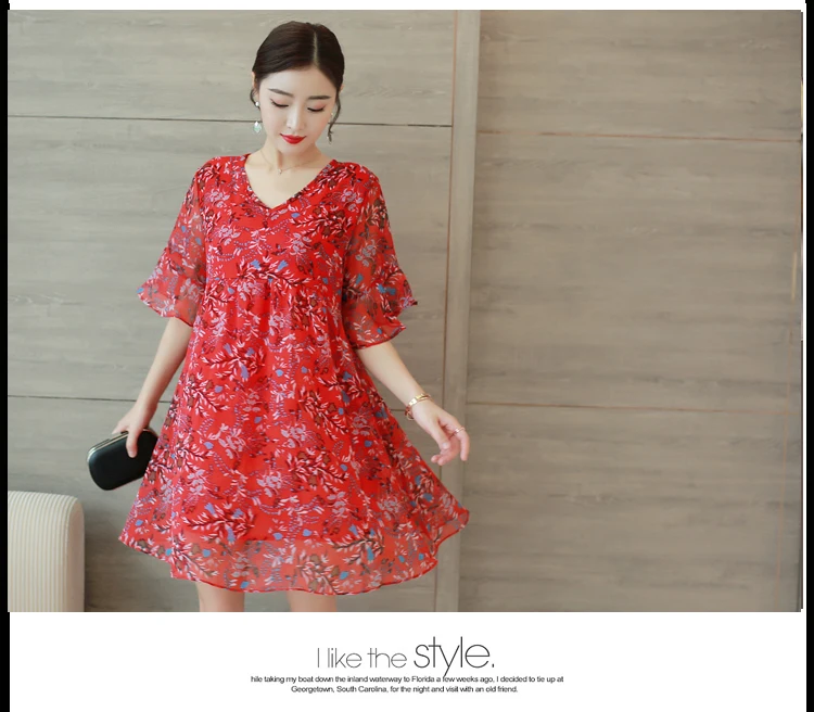 Летнее милое свободное платье с принтом, женское Элегантное повседневное Модное шифоновое красное платье с коротким рукавом и v-образным вырезом размера плюс 5XL