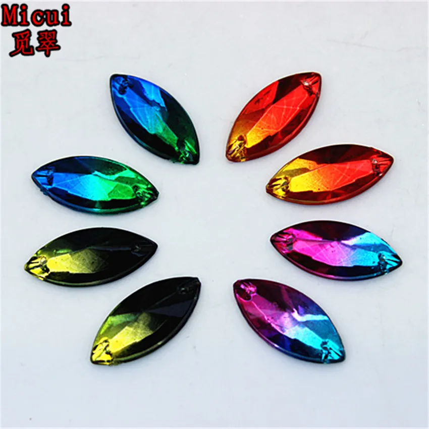 

Micui 50Pcs 9*20mm Double color Acrylic Rhinestone crystal Horse eye sew on rsilver base flatback Rhinestone with 2 holes ZZ566